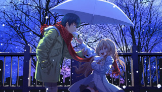 Romantic snowy umbrella aisle festival - under free wallpaper