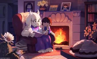 Girl dog chair fireplace book - a fireplace free wallpaper