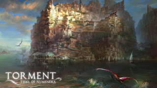 Castle water bird flying painting - over the water free wallpaper