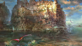 Castle water bird boat painting - a bird free wallpaper for desktop