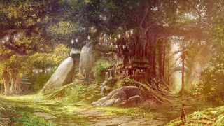 Forest treehouse man standing painting - the middle of the forest free wallpaper