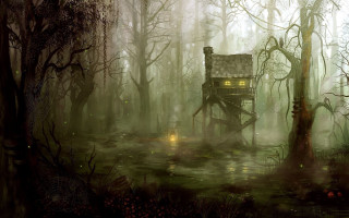 House woods lantern roof tree - a painting of a house free wallpaper