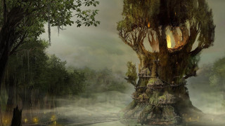 Fantasy tree house forest bridge - a fire free wallpaper