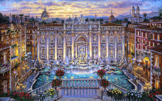 City fountain buildings nighttime colorful - classical realism free wallpaper