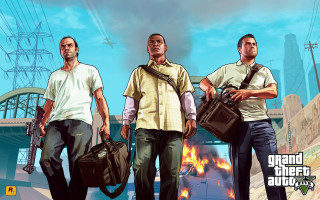 Three men briefcases gun city - their hands in free wallpaper