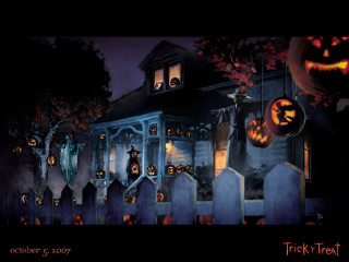 House pumpkins ghosts night full - poster art free wallpaper