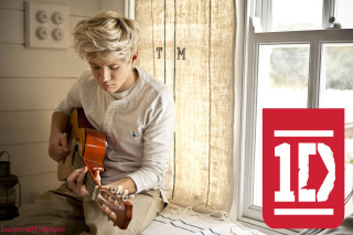 Boy playing guitar window red - a guitar in front free wallpaper