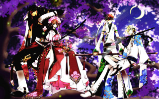 Anime characters bench purple flowers - a bench in front free wallpaper