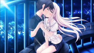 Anime couple bench window blue - behind them free wallpaper