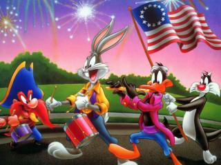 Cartoon drummers fireworks flag rabbit - loony toon free wallpaper