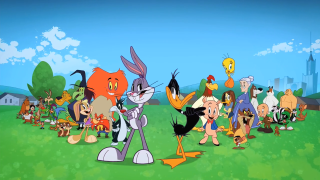 Cartoon characters field building blue - a building in the background free wallpaper