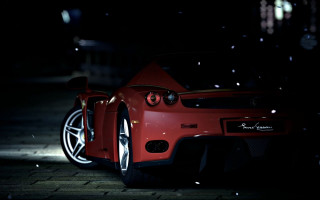Red sports car night snow 3 - photorealistic lighting free wallpaper