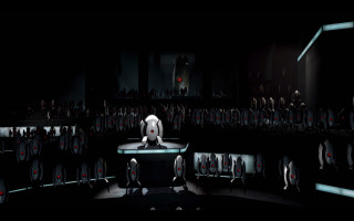Man stage darkroom crowd redlight - dystopian art free wallpaper