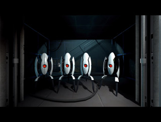 White robots red eyes standing - ray free wallpaper