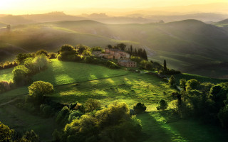 Green hillside house trees sunset - a green hillside free wallpaper