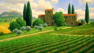 House hill trees field green - renaissance oil painting free wallpaper