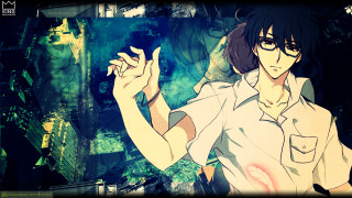 Anime character cellphone city buildings - his hand and a city in the background free wallpaper