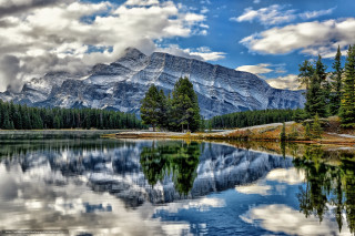 Mountain lake trees clouds blue 3 - a blue sky free wallpaper