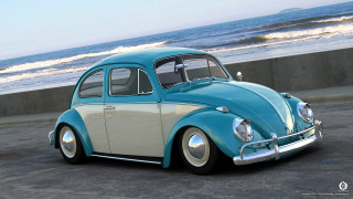 Blue white car parked ocean 2 - wave free wallpaper