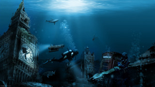Underwater clocktower shark divers night - matte painting free wallpaper for desktop