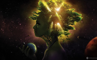 Woman tree globe planet background - solarpunk free wallpaper