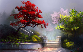 Red tree foggy park matte - foggy sky above free wallpaper