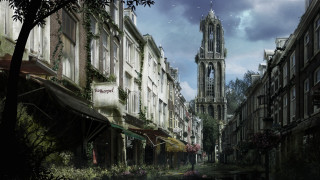 City street church tower people - a painting of a city street free wallpaper