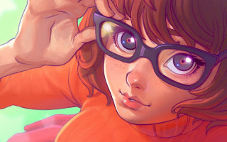 Girl glasses sweater camera hand - her head and a hand free wallpaper