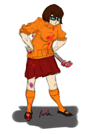 Woman knife blood glasses drawing - orange free wallpaper