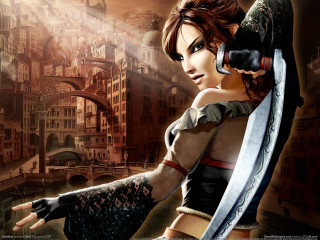 Woman knife sword city bridge - a city in the background and a bridge in the foreground free wallpaper
