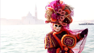 Woman mask costume boat water - a city in the background free wallpaper