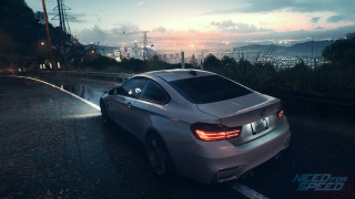 White car night city road - a wet road free wallpaper