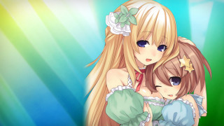 Anime girls hugging green background - green free wallpaper