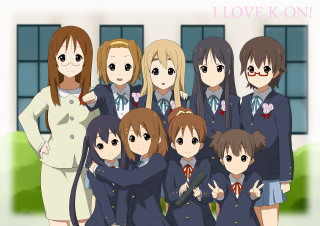 Anime girls group photo man - behind them free wallpaper