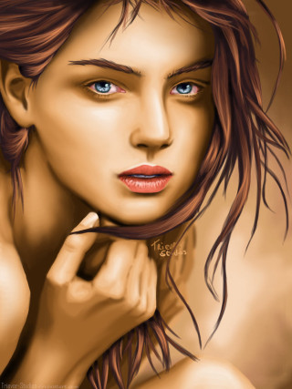 Woman blueeyes brownhair redlips digitalpainting - a painting of a woman free wallpaper