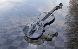 Violin checkered surface reflection trees - photorealistic imagery free wallpaper