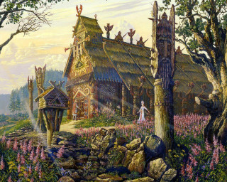 House woods woman man fantasy - a painting of a house free wallpaper