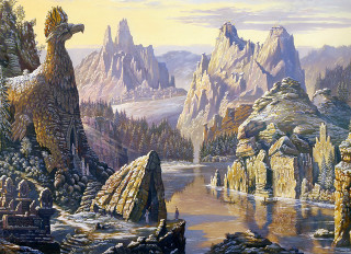 Mountain river bird trees painting - a painting of a mountain scene free wallpaper