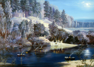 Lake boats trees shore hill - kinkade free wallpaper