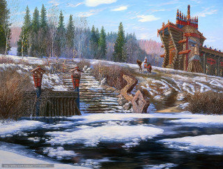 River bridge people walking snow - digital painting free wallpaper