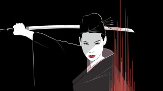 Woman sword kimono hat portrait - analytical art free wallpaper