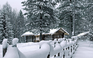 Cabin in the woods snow 2 - a fence and trees free wallpaper