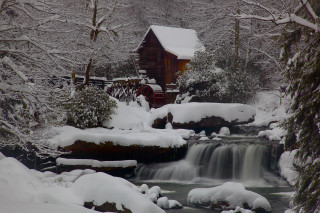 Snowy forest stream cabin watermill - snow next free wallpaper