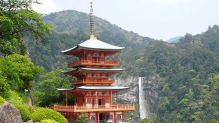 Tall pagoda waterfall trees background - a waterfall in the background and trees free wallpaper