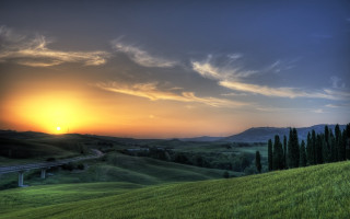 Sunset green field bridge mountain - beautiful landscape free wallpaper