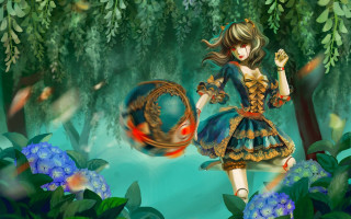 Girl blue dress holding ball - flower and trees free wallpaper