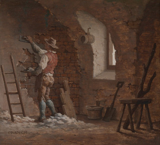 Man brick wall ladder bucket - matte drawing free wallpaper