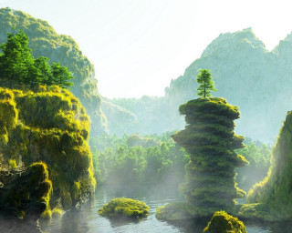 River trees bushes mist fog - mist free wallpaper