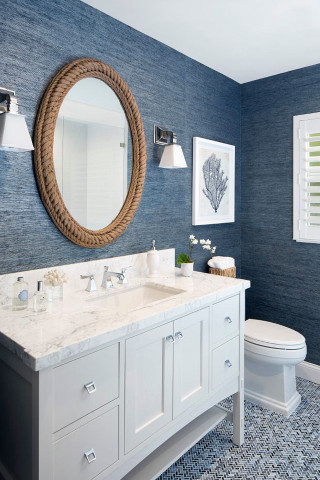 Bathroom blue wall white toilet - anne rigney free wallpaper