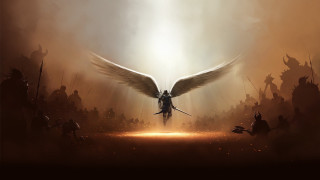 Person wings flying field people - sword free wallpaper